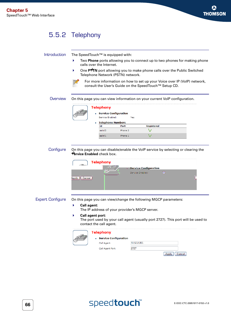 2 telephony, Introduction, Overview | Configure, Expert configure, Telephony, Chapter 5 | Technicolor - Thomson SpeedTouch 780 (WL) User Manual | Page 74 / 122