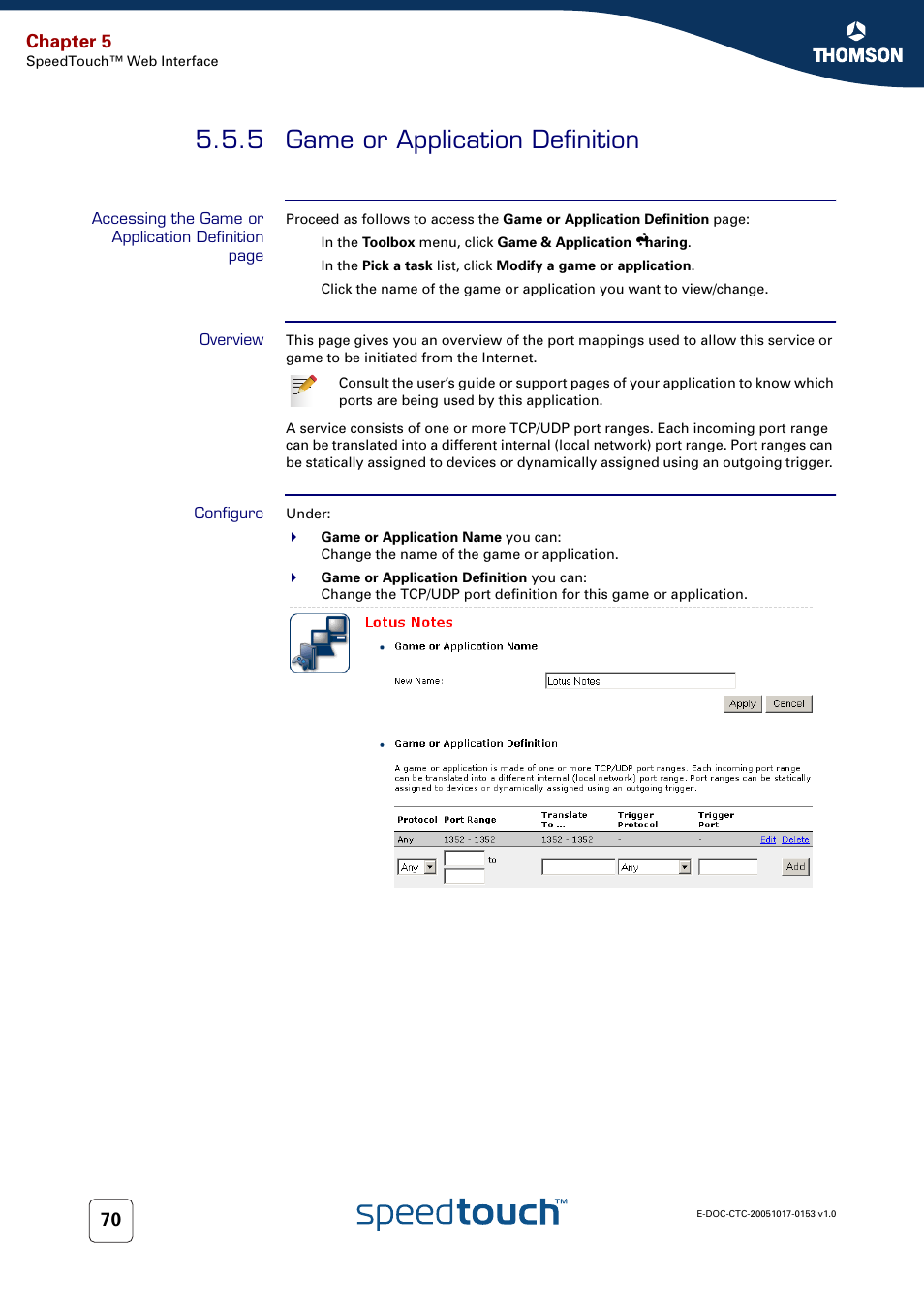 5 game or application definition, Overview, Configure | Game or application definition, Chapter 5 | Technicolor - Thomson SpeedTouch 780 (WL) User Manual | Page 78 / 122