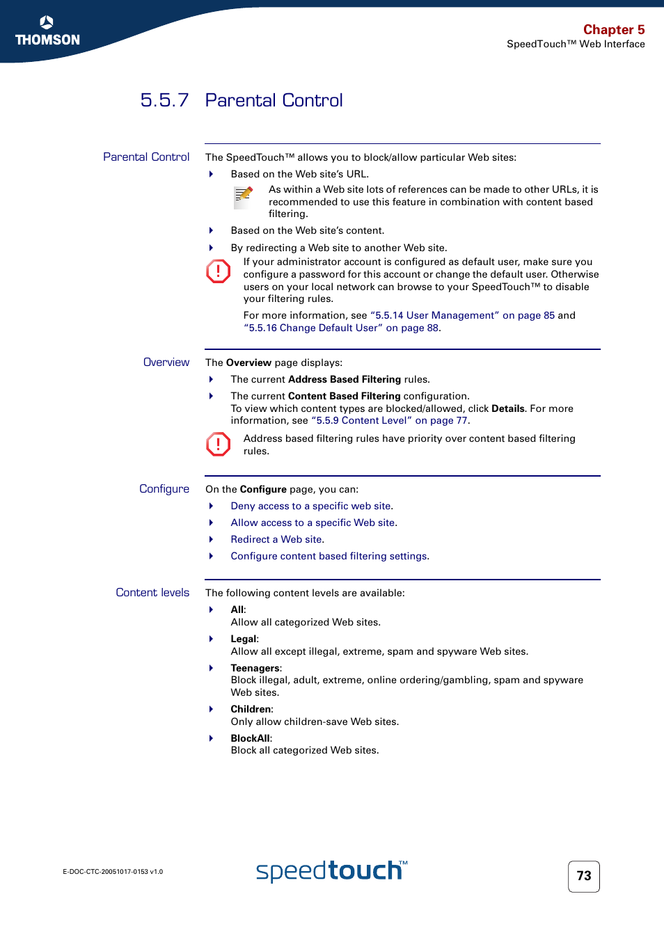 7 parental control, Parental control, Overview | Configure, Content levels, Chapter 5 | Technicolor - Thomson SpeedTouch 780 (WL) User Manual | Page 81 / 122