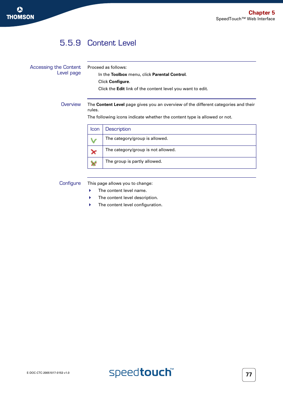 9 content level, Overview, Configure | Content level, Chapter 5 | Technicolor - Thomson SpeedTouch 780 (WL) User Manual | Page 85 / 122