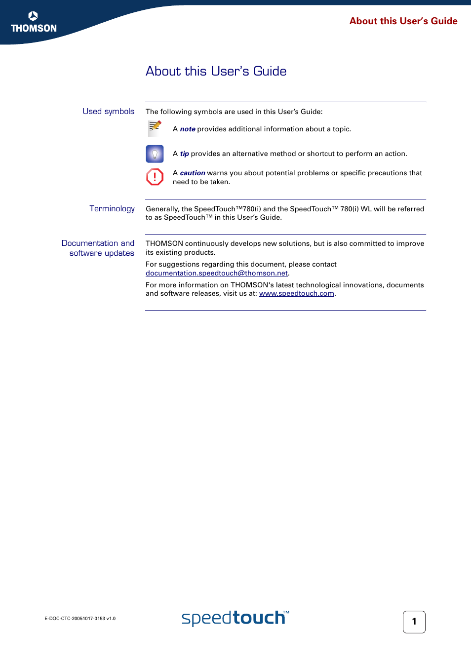 About this user’s guide, Used symbols, Terminology | Documentation and software updates, About this user’s guide 1 | Technicolor - Thomson SpeedTouch 780 (WL) User Manual | Page 9 / 122