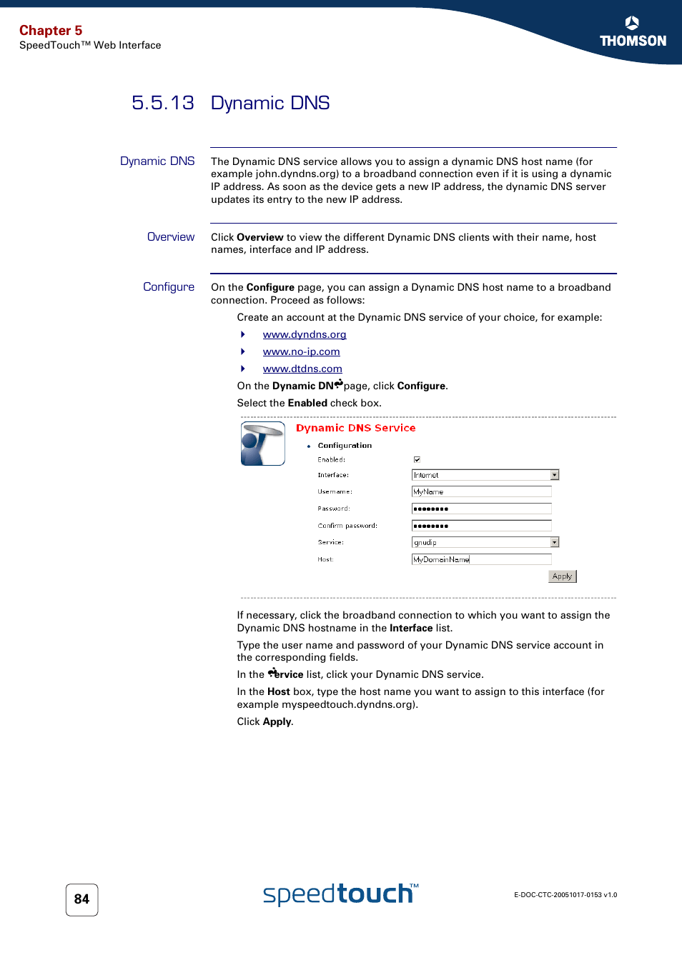 13 dynamic dns, Dynamic dns, Overview | Configure, Chapter 5 | Technicolor - Thomson SpeedTouch 780 (WL) User Manual | Page 92 / 122