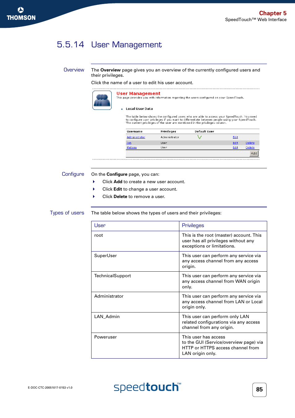 14 user management, Overview, Configure | Types of users, User management, Chapter 5 | Technicolor - Thomson SpeedTouch 780 (WL) User Manual | Page 93 / 122