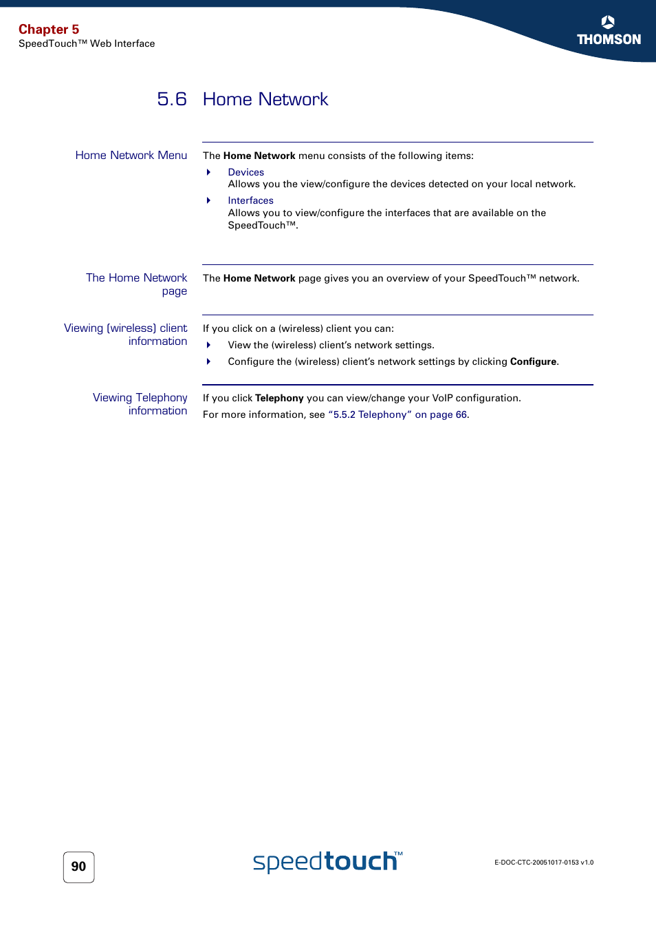 6 home network, Home network menu, Viewing (wireless) client information | Viewing telephony information, Home network, Chapter 5 | Technicolor - Thomson SpeedTouch 780 (WL) User Manual | Page 98 / 122