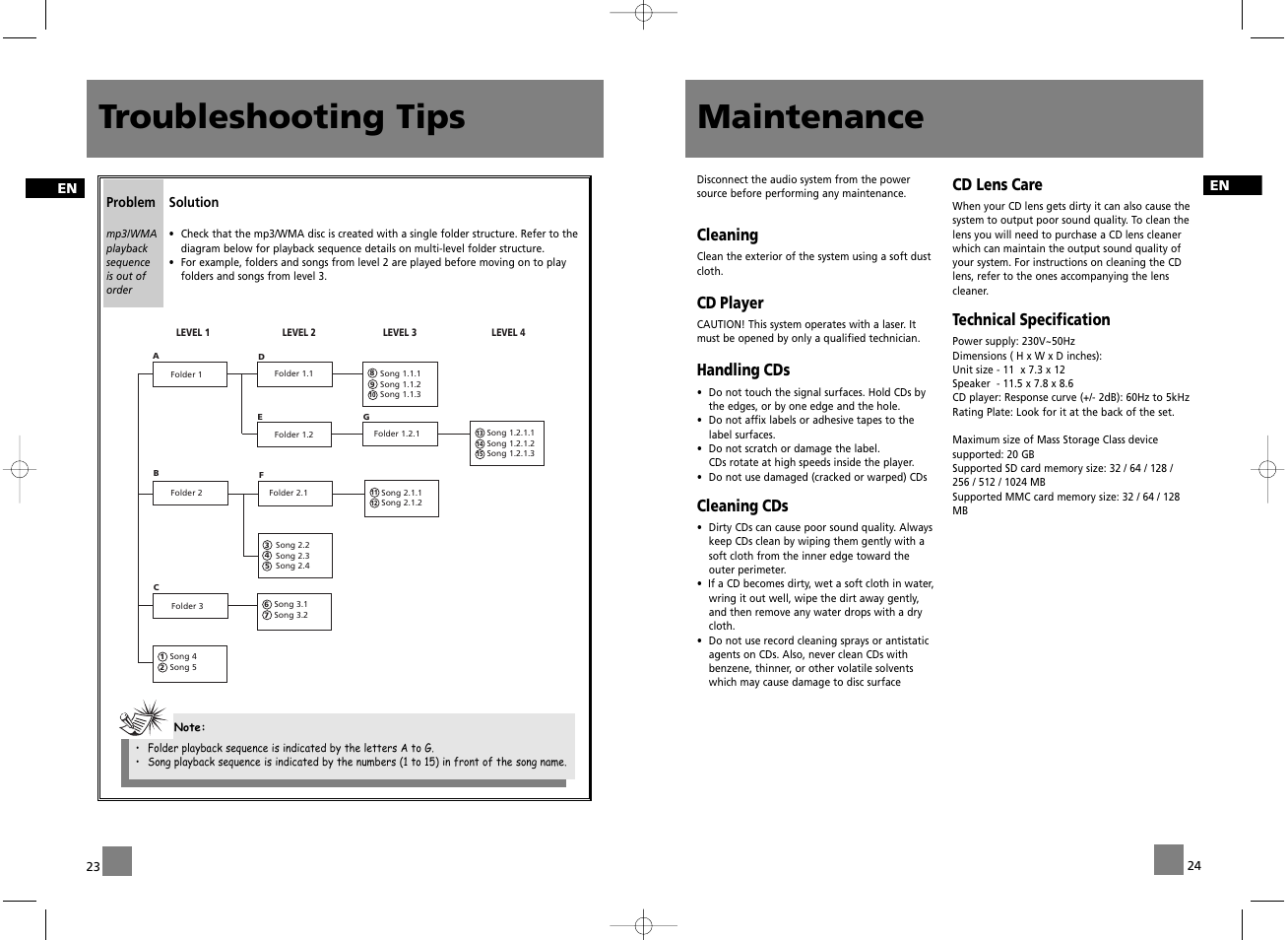 Maintenance, Troubleshooting tips, Cleaning | Cd player, Handling cds, Cleaning cds, Cd lens care, Technical specification | Technicolor - Thomson CS600 User Manual | Page 15 / 15