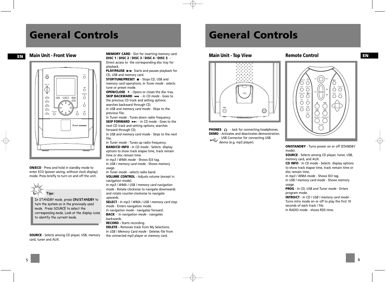 General controls, Phones, Phones demo demo | Main unit - front view, Main unit - top view, Remote control | Technicolor - Thomson CS600 User Manual | Page 6 / 15