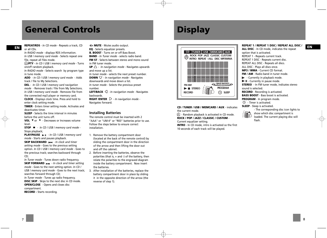 General controls, Display | Technicolor - Thomson CS600 User Manual | Page 7 / 15