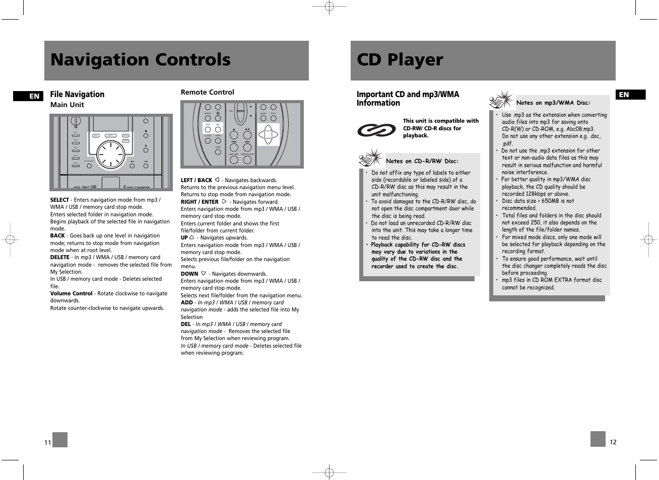 Cd player, Navigation controls, Cd-r / rw compatible | File navigation, Important cd and mp3/wma information | Technicolor - Thomson CS600 User Manual | Page 9 / 15