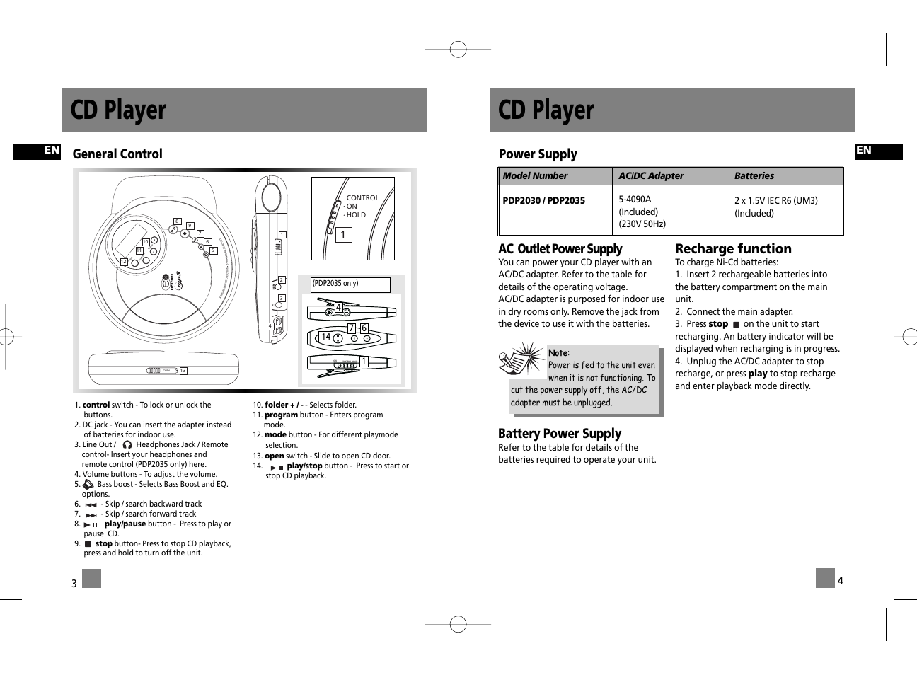 Cd player, Ac outlet power supply, Battery power supply | Recharge function, Power supply, General control | Technicolor - Thomson PDP2030 User Manual | Page 5 / 8