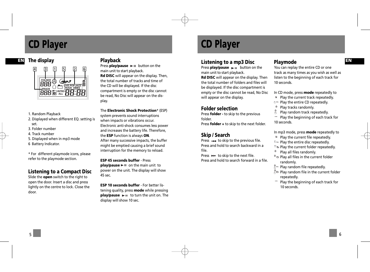 Cd player, The display, Listening to a compact disc | Playback, Listening to a mp3 disc, Folder selection, Skip / search, Playmode | Technicolor - Thomson PDP2030 User Manual | Page 6 / 8