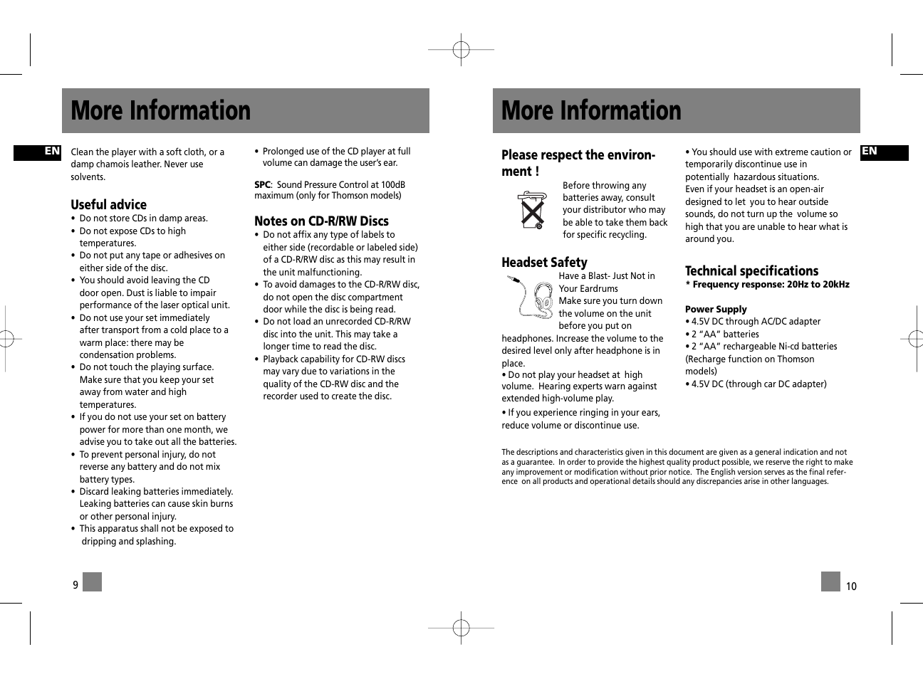 More information, Please respect the environ- ment, Headset safety | Technical specifications, Useful advice | Technicolor - Thomson PDP2030 User Manual | Page 8 / 8