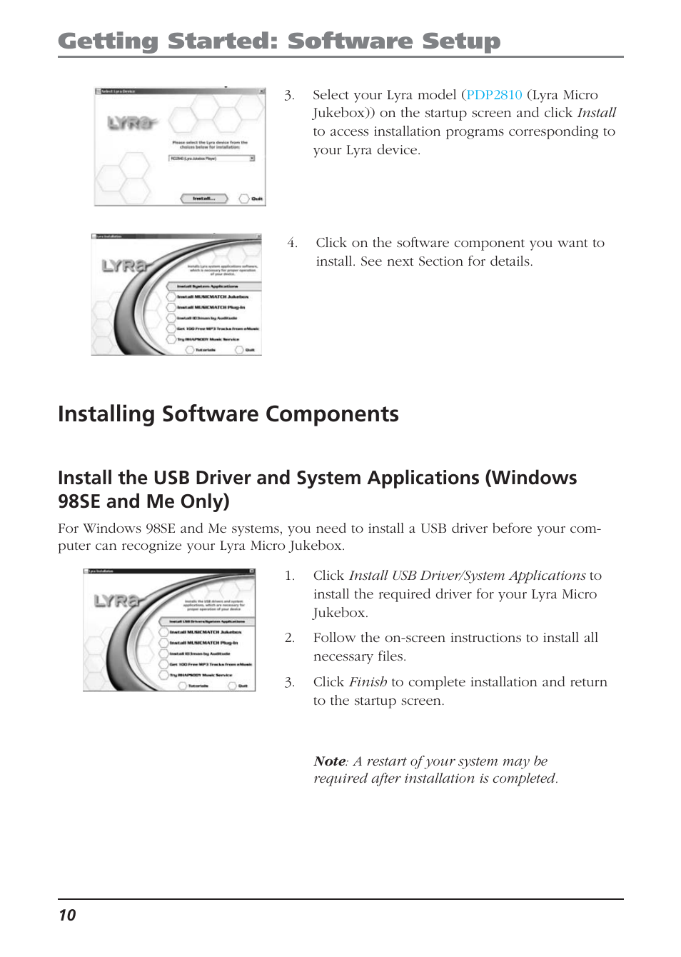Installing software components, Getting started: software setup | Technicolor - Thomson Thomson Lyra PDP2810 User Manual | Page 10 / 50