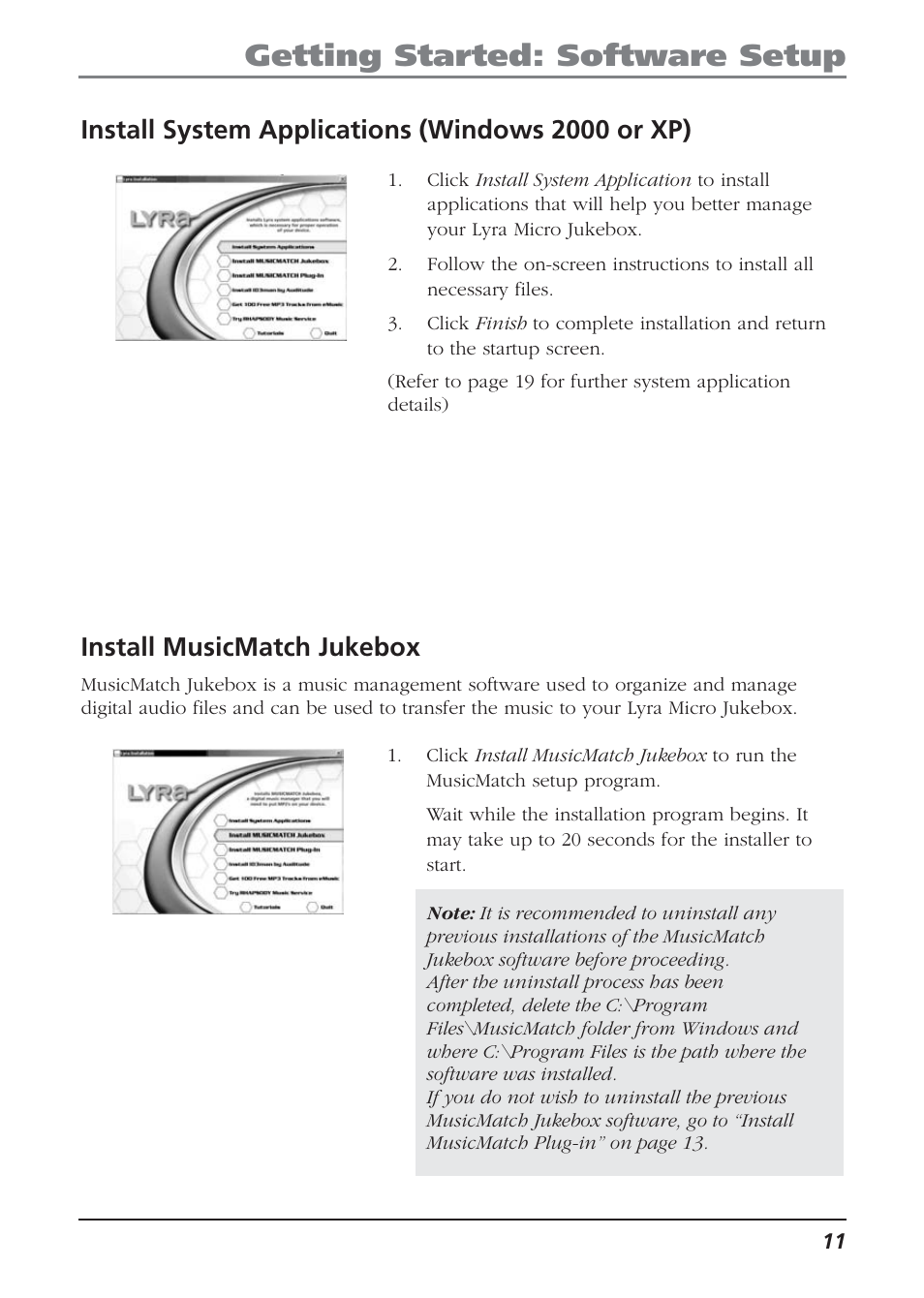 Install system applications (windows 2000 or xp), Install musicmatch jukebox, Getting started: software setup | Technicolor - Thomson Thomson Lyra PDP2810 User Manual | Page 11 / 50