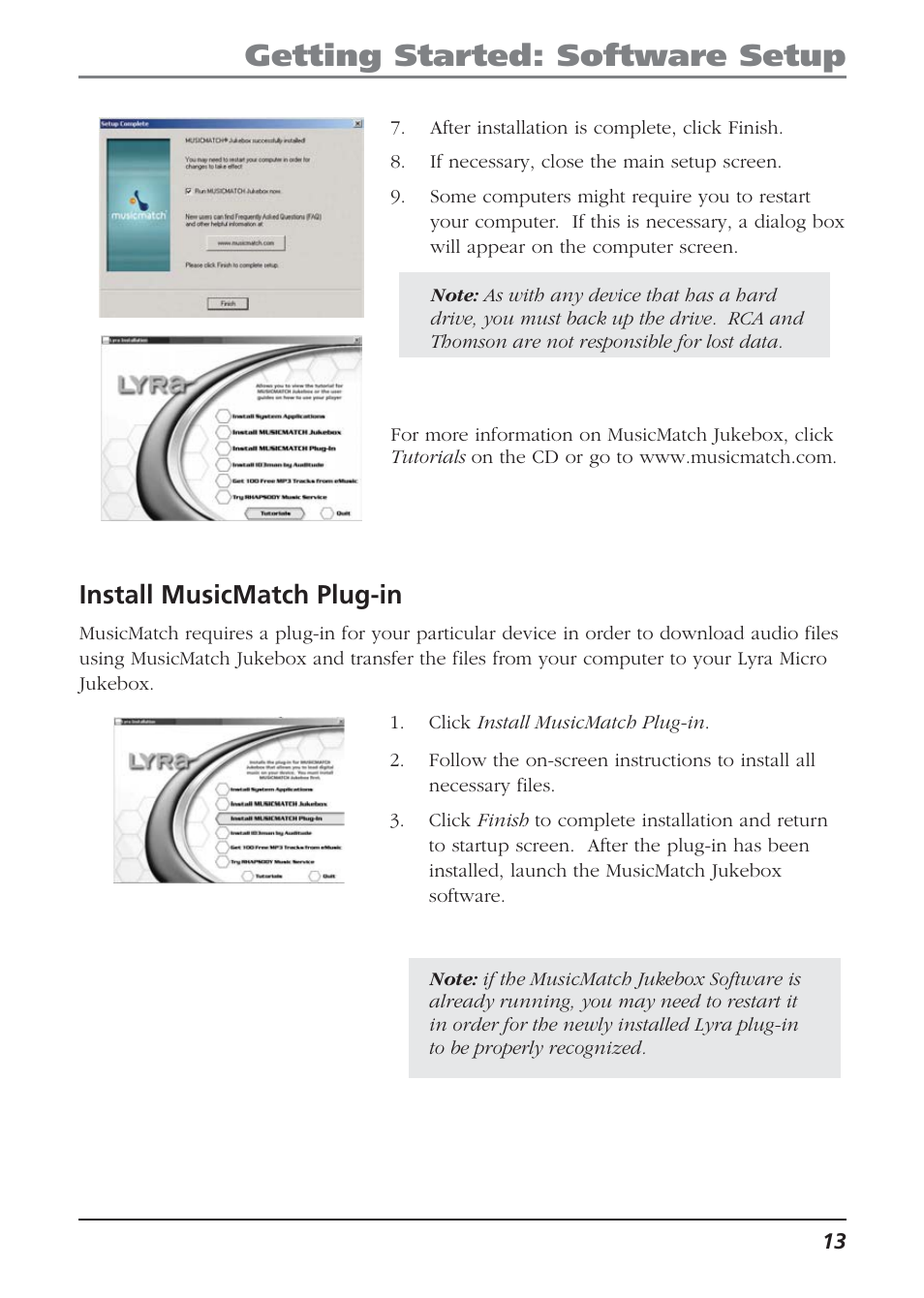 Install musicmatch plug-in, Getting started: software setup | Technicolor - Thomson Thomson Lyra PDP2810 User Manual | Page 13 / 50
