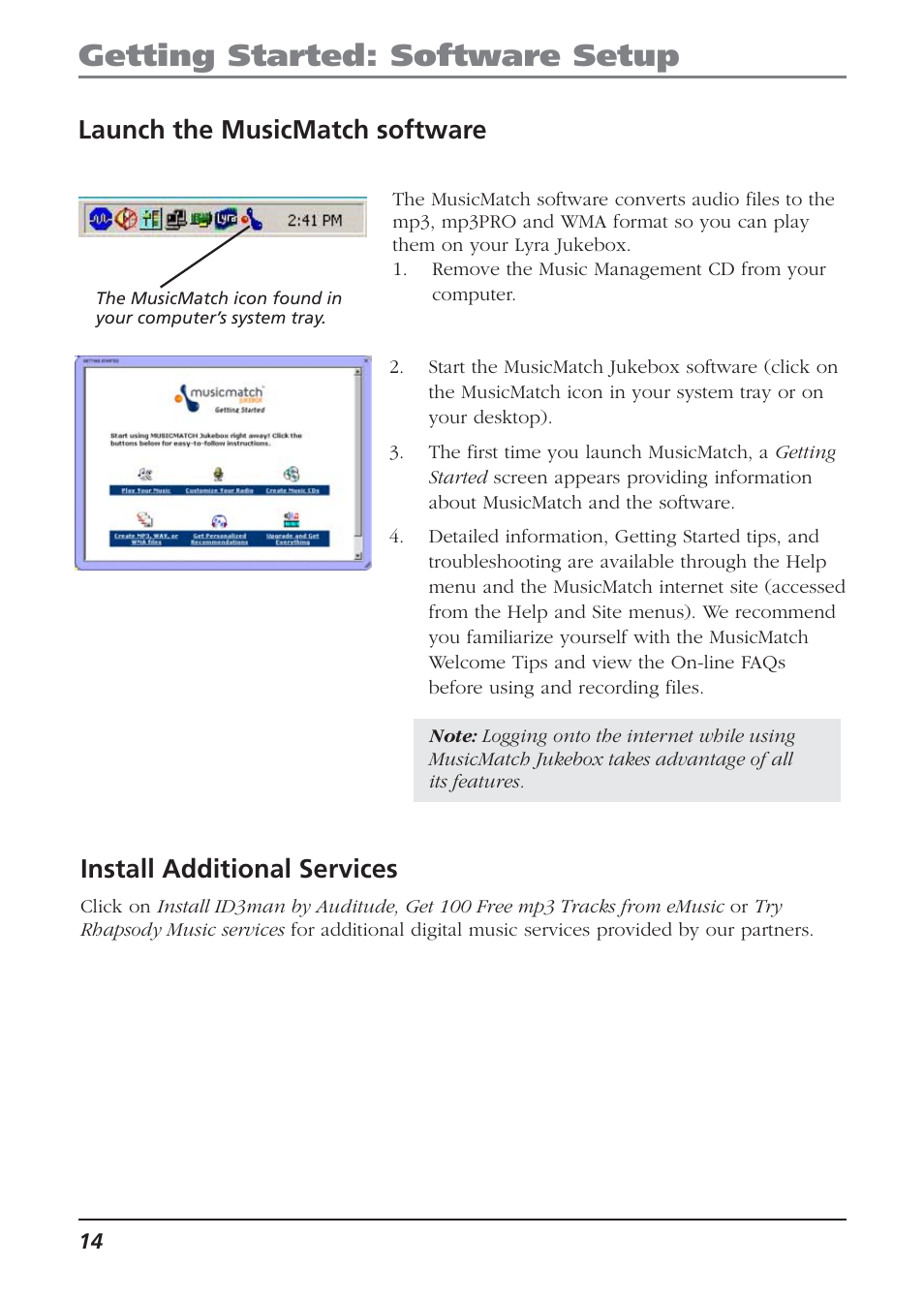 Launch the musicmatch software, Install additional services, Getting started: software setup | Technicolor - Thomson Thomson Lyra PDP2810 User Manual | Page 14 / 50