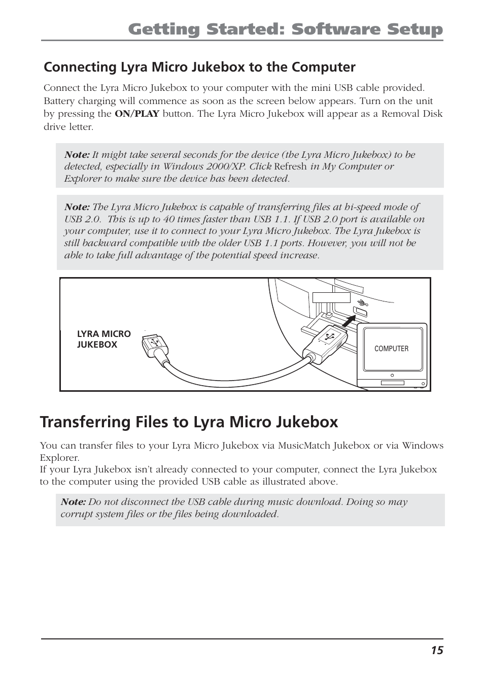 Transferring files to lyra micro jukebox, Connecting lyra micro jukebox to the computer, Getting started: software setup | Technicolor - Thomson Thomson Lyra PDP2810 User Manual | Page 15 / 50