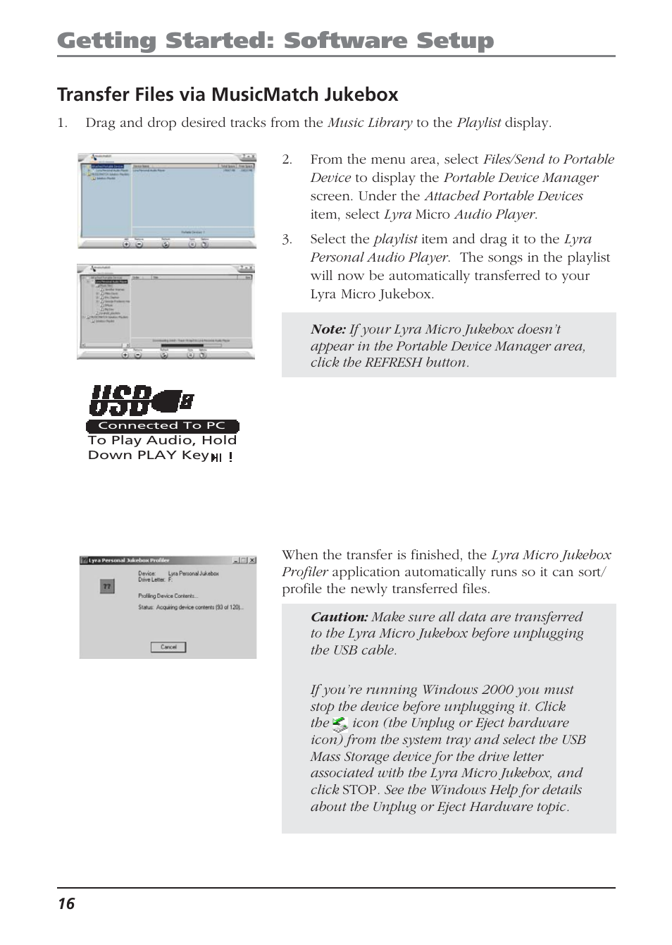 Transfer files via musicmatch jukebox, Getting started: software setup | Technicolor - Thomson Thomson Lyra PDP2810 User Manual | Page 16 / 50