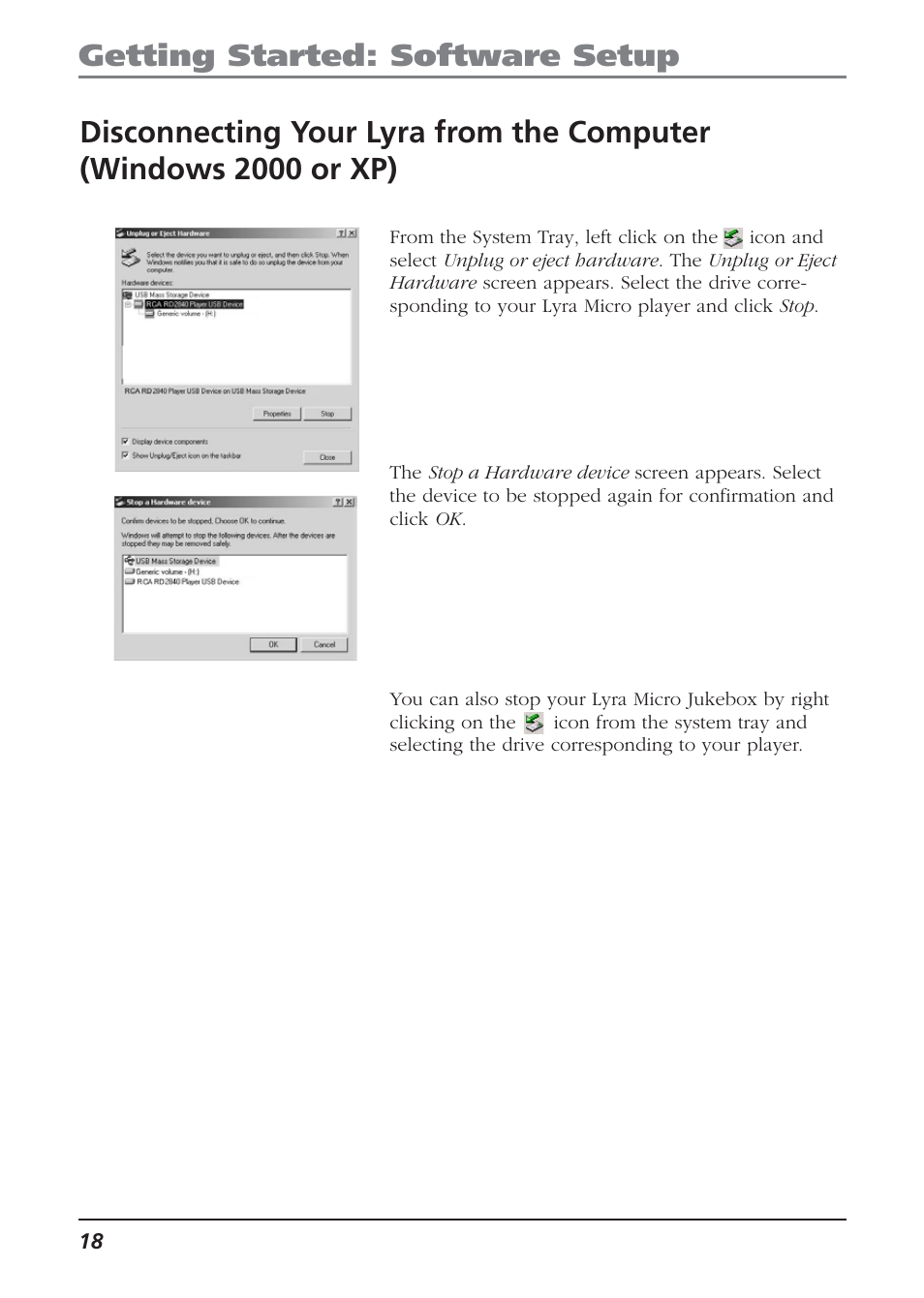 Disconnecting your lyra from the computer, Windows 2000 or xp), Getting started: software setup | Technicolor - Thomson Thomson Lyra PDP2810 User Manual | Page 18 / 50