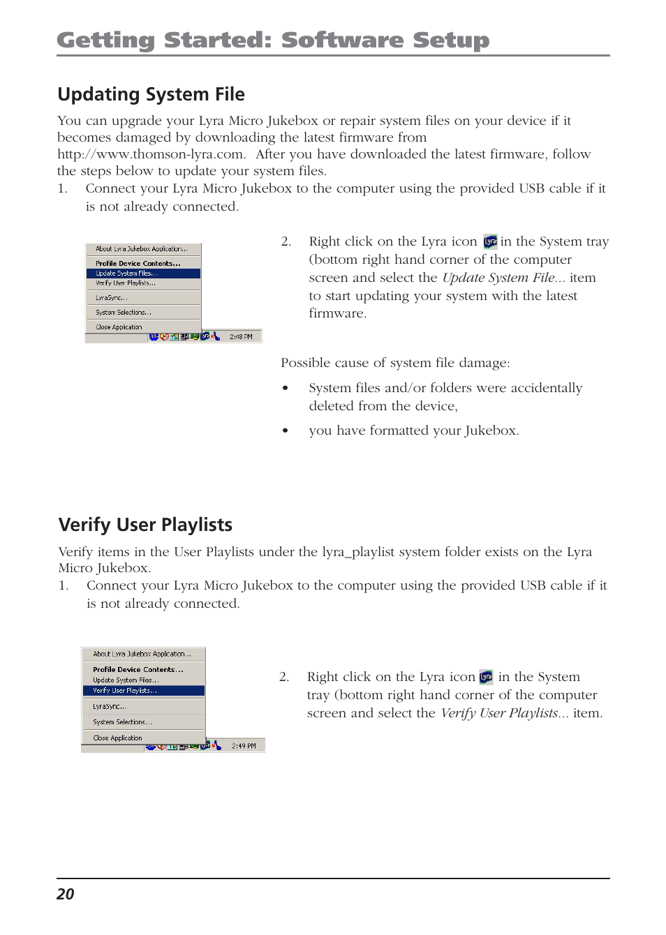 Updating system file, Verify user playlists, Getting started: software setup | Technicolor - Thomson Thomson Lyra PDP2810 User Manual | Page 20 / 50