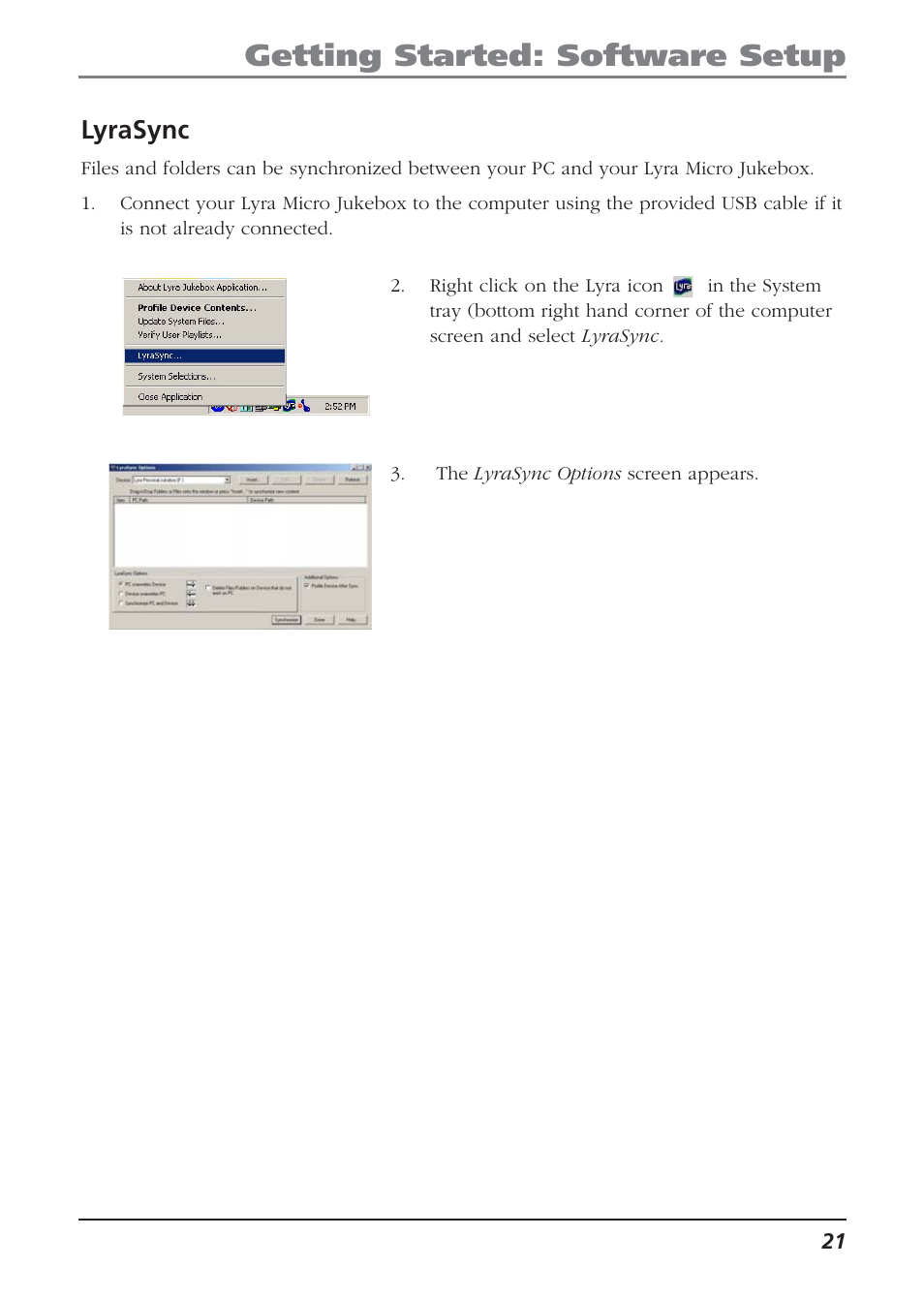 Lyrasync, Getting started: software setup | Technicolor - Thomson Thomson Lyra PDP2810 User Manual | Page 21 / 50