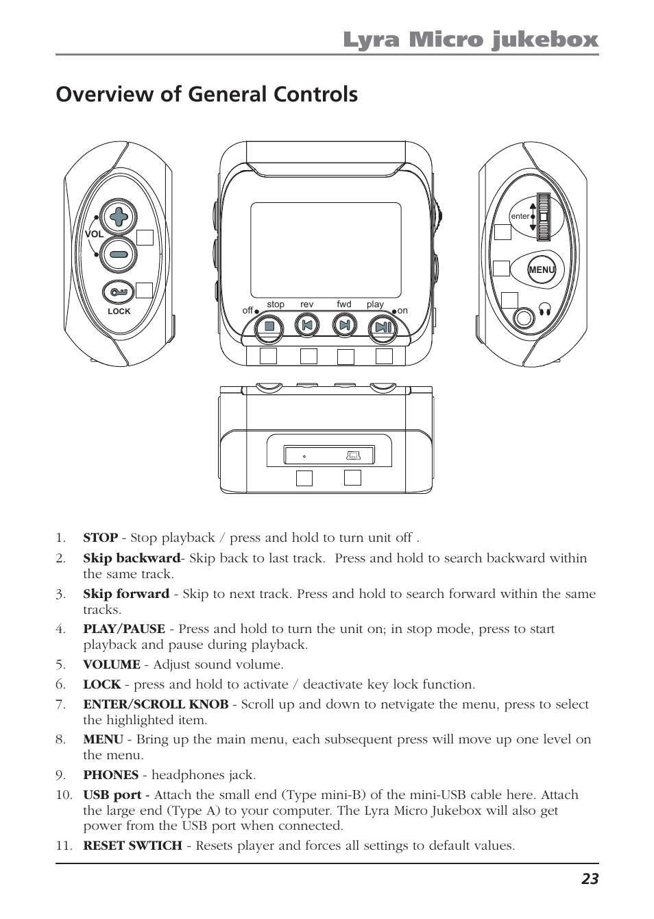 Overview of general controls, Lyra micro jukebox | Technicolor - Thomson Thomson Lyra PDP2810 User Manual | Page 23 / 50