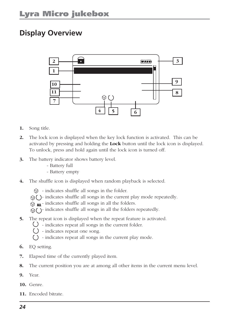 Display overview, Lyra micro jukebox, Ac/dc ain’t no fun | Technicolor - Thomson Thomson Lyra PDP2810 User Manual | Page 24 / 50