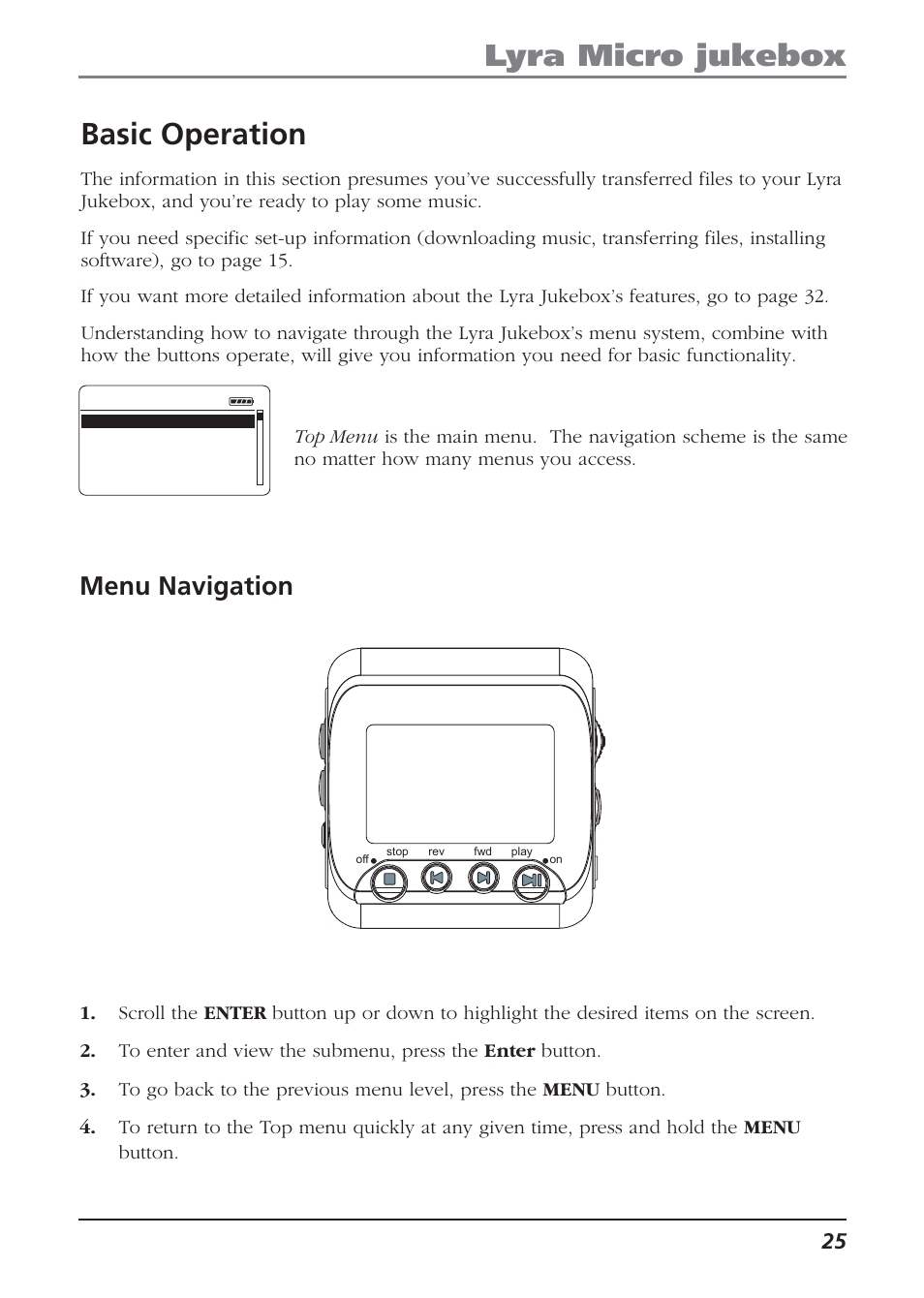 Menu navigation, Basic operation, Lyra micro jukebox | Technicolor - Thomson Thomson Lyra PDP2810 User Manual | Page 25 / 50