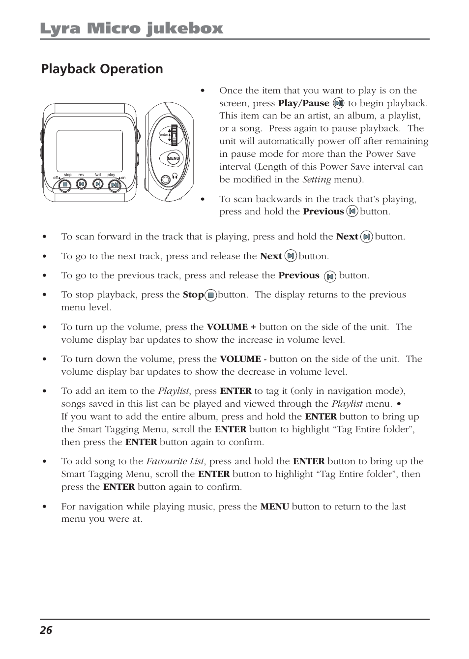 Playback operation, Lyra micro jukebox | Technicolor - Thomson Thomson Lyra PDP2810 User Manual | Page 26 / 50