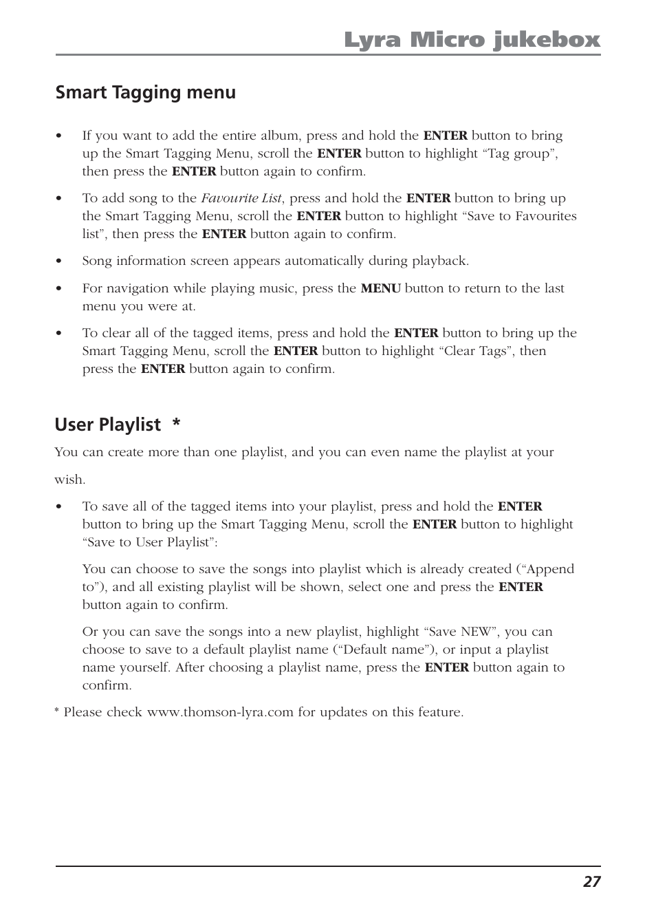 User playlist, Smart tagging menu, Lyra micro jukebox | Technicolor - Thomson Thomson Lyra PDP2810 User Manual | Page 27 / 50