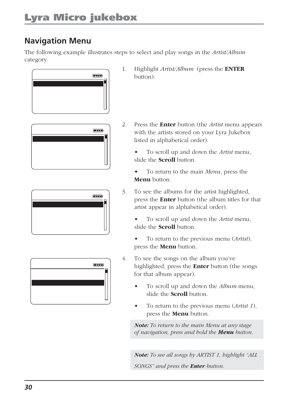 Navigation menu, Lyra micro jukebox | Technicolor - Thomson Thomson Lyra PDP2810 User Manual | Page 30 / 50