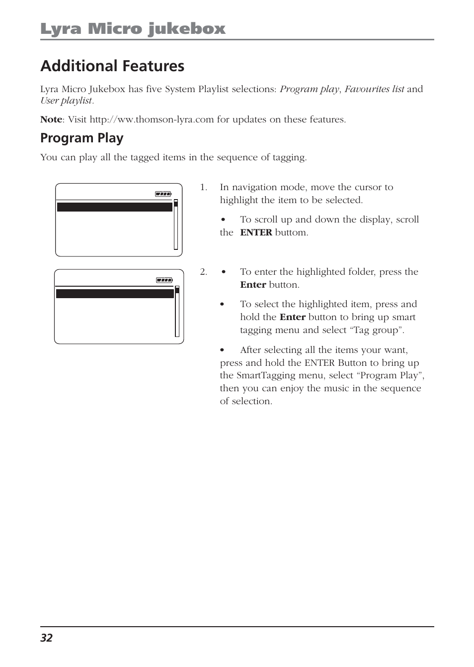 Additional features, Program play, Lyra micro jukebox additional features | Technicolor - Thomson Thomson Lyra PDP2810 User Manual | Page 32 / 50