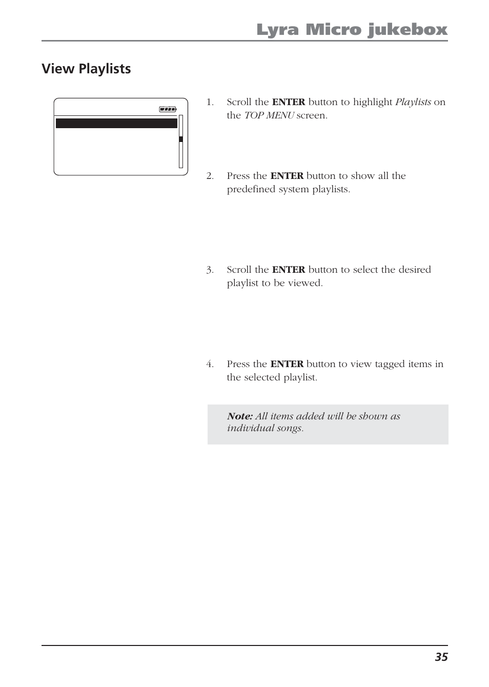 View playlists, Lyra micro jukebox | Technicolor - Thomson Thomson Lyra PDP2810 User Manual | Page 35 / 50