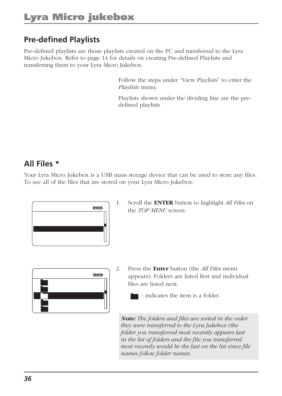 Pre-defined playlists, All files, Lyra micro jukebox | Technicolor - Thomson Thomson Lyra PDP2810 User Manual | Page 36 / 50