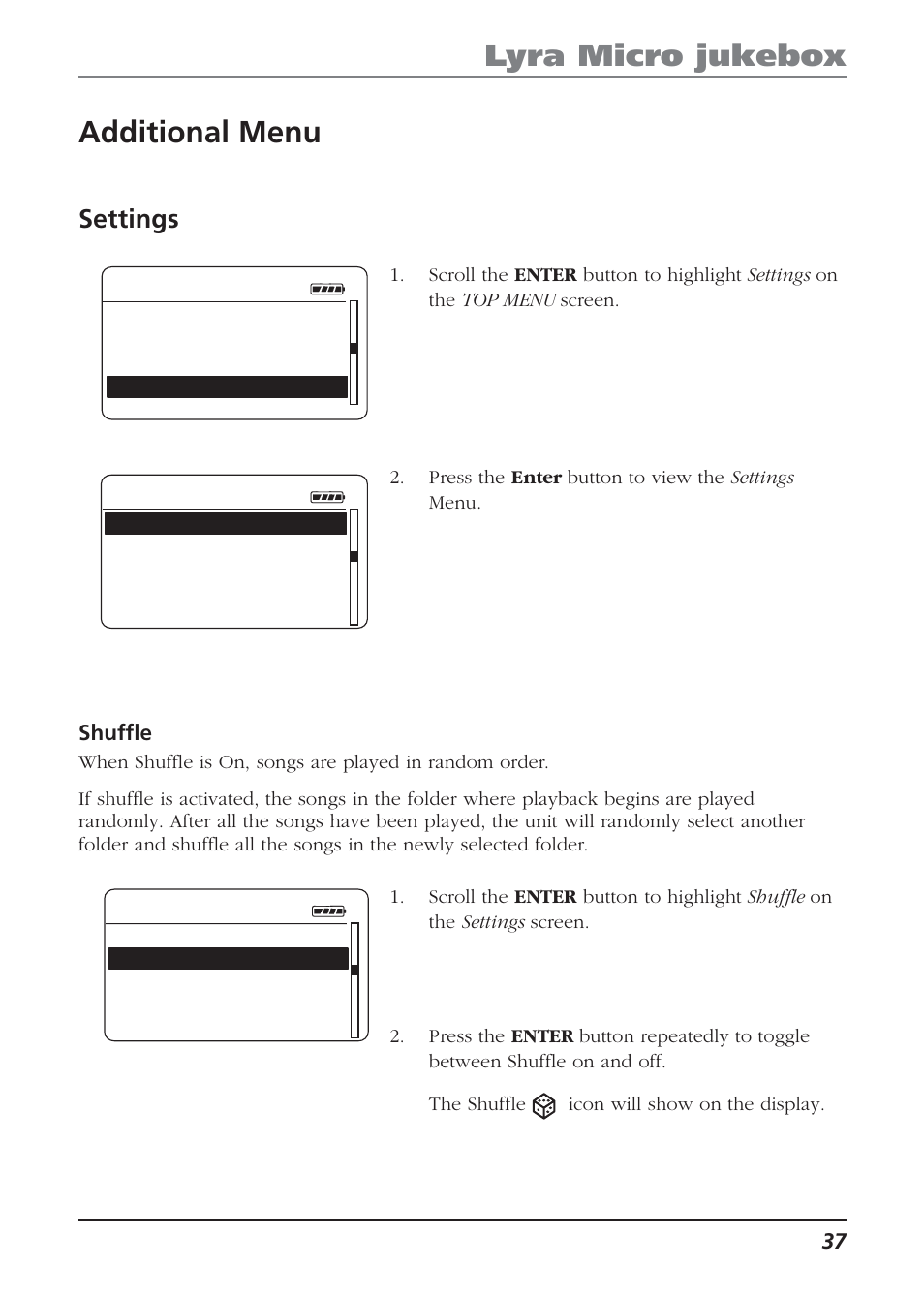 Additional menu, Settings, Shuffle | Lyra micro jukebox | Technicolor - Thomson Thomson Lyra PDP2810 User Manual | Page 37 / 50