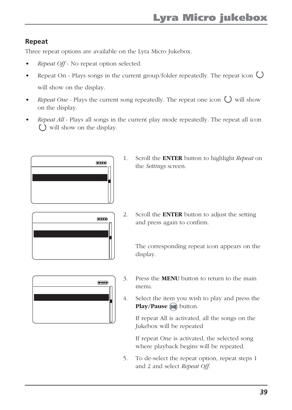 Repeat, Lyra micro jukebox | Technicolor - Thomson Thomson Lyra PDP2810 User Manual | Page 39 / 50