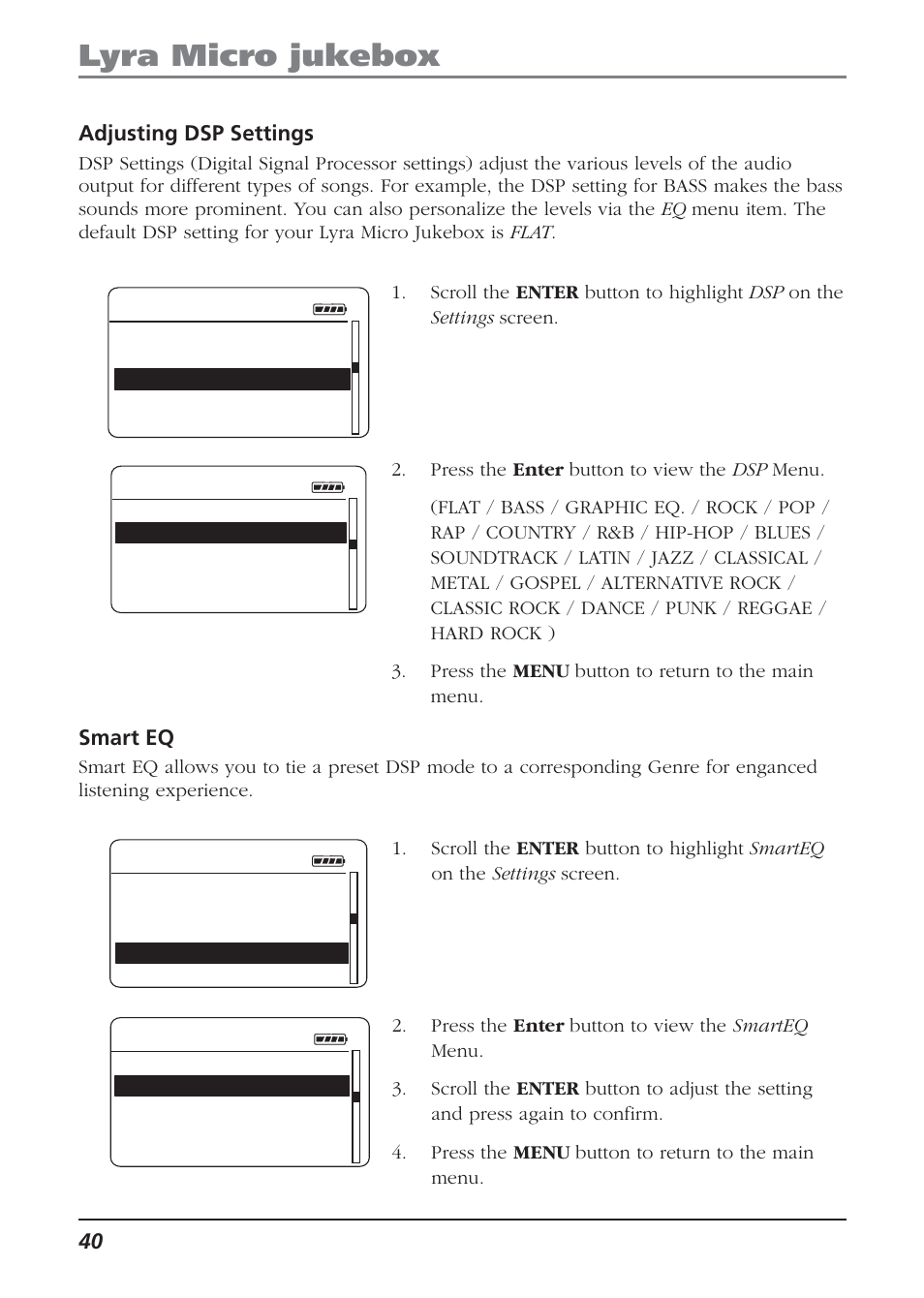 Adjusting dsp settings, Smart eq, Lyra micro jukebox | Technicolor - Thomson Thomson Lyra PDP2810 User Manual | Page 40 / 50