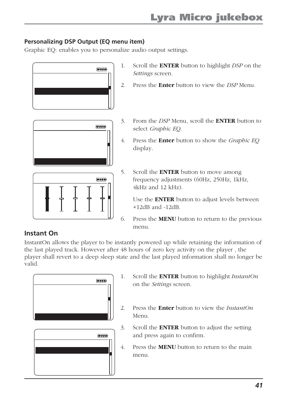 Personalizing dsp output (eq menu item), Instant on, Lyra micro jukebox | Technicolor - Thomson Thomson Lyra PDP2810 User Manual | Page 41 / 50