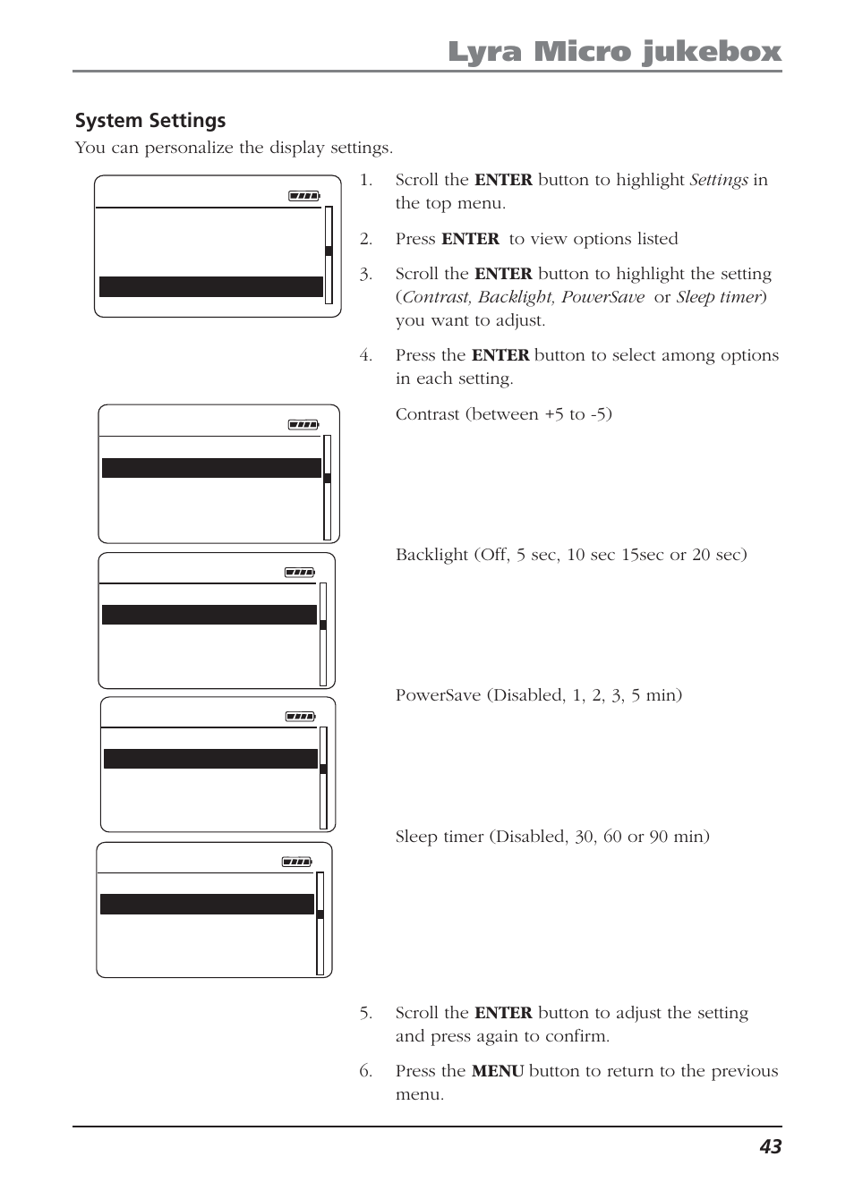 System settings, Lyra micro jukebox | Technicolor - Thomson Thomson Lyra PDP2810 User Manual | Page 43 / 50