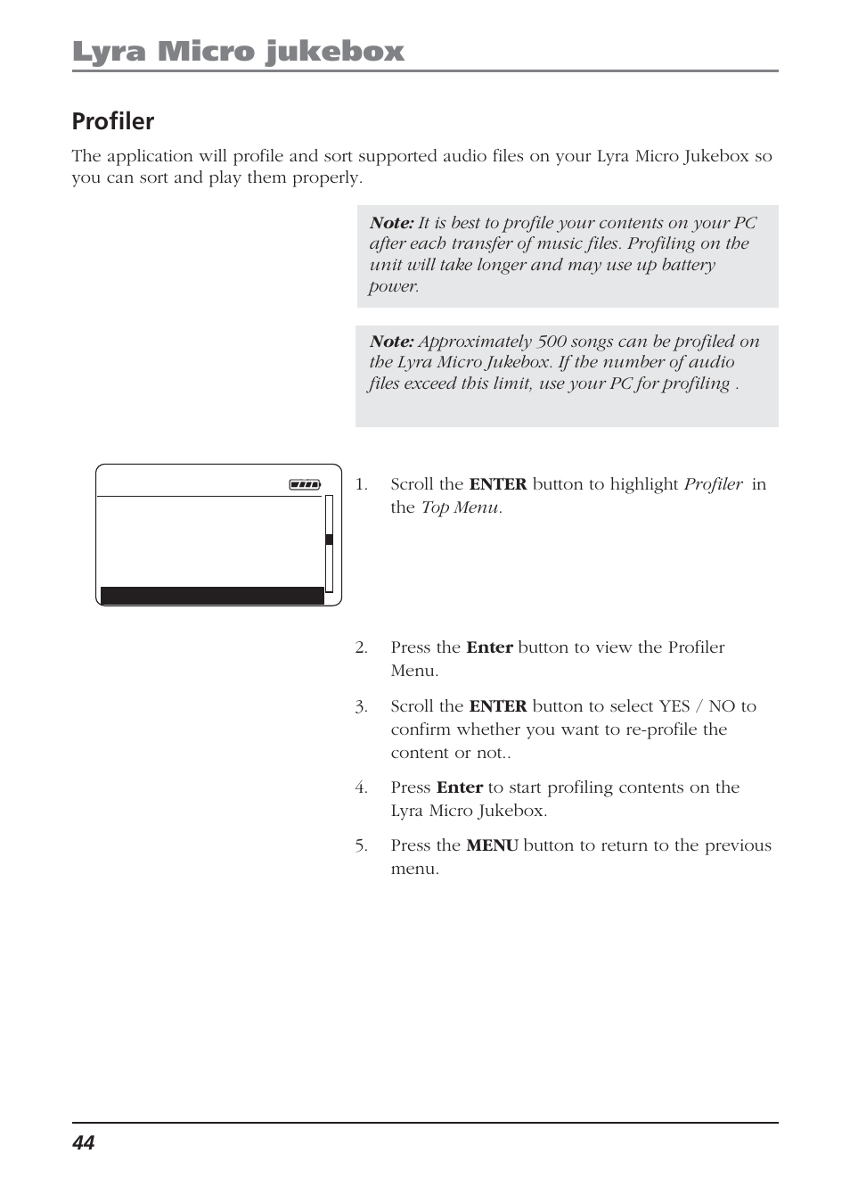 Profiler, Lyra micro jukebox | Technicolor - Thomson Thomson Lyra PDP2810 User Manual | Page 44 / 50