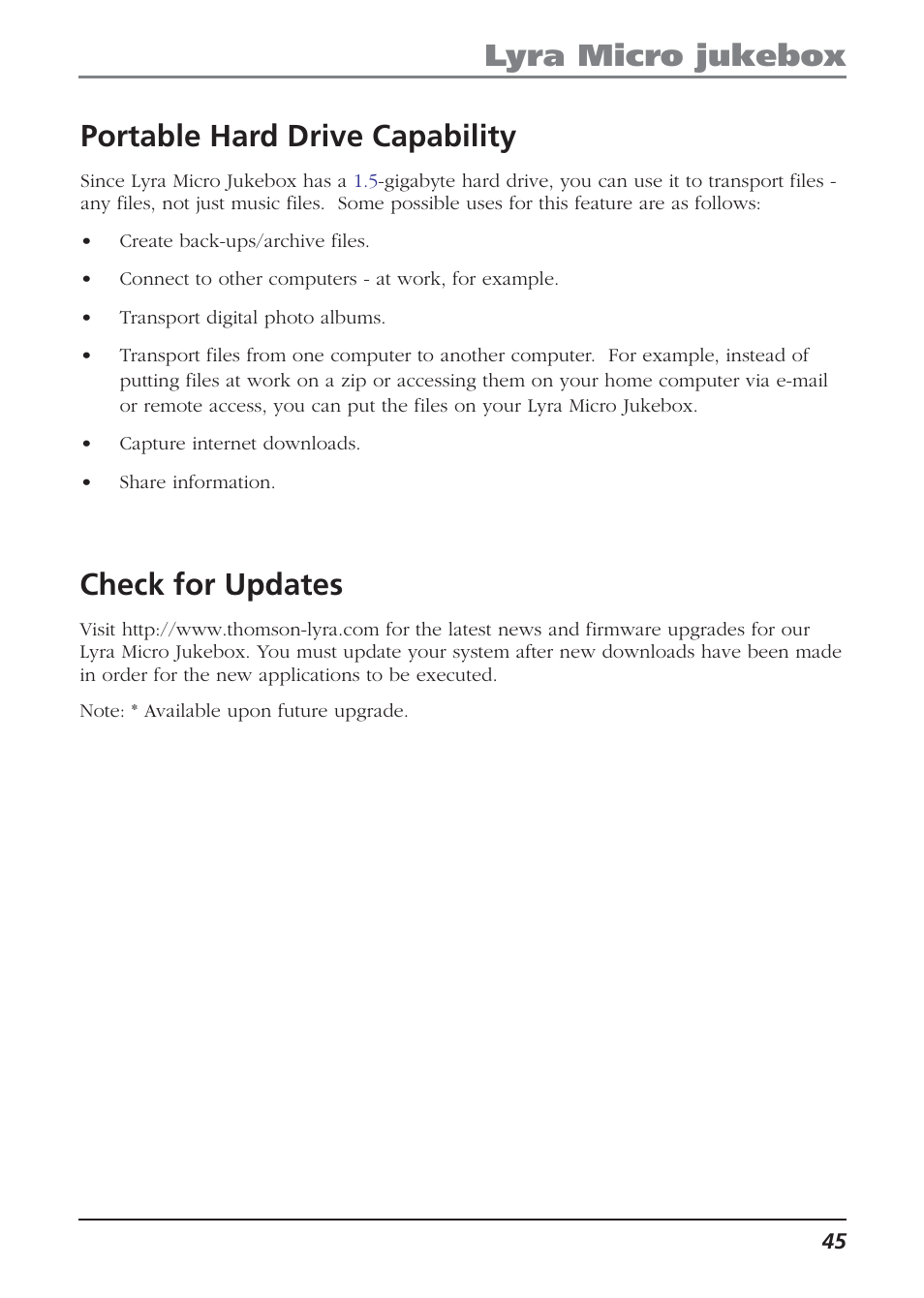 Check for updates, Portable hard drive capability, Lyra micro jukebox | Technicolor - Thomson Thomson Lyra PDP2810 User Manual | Page 45 / 50