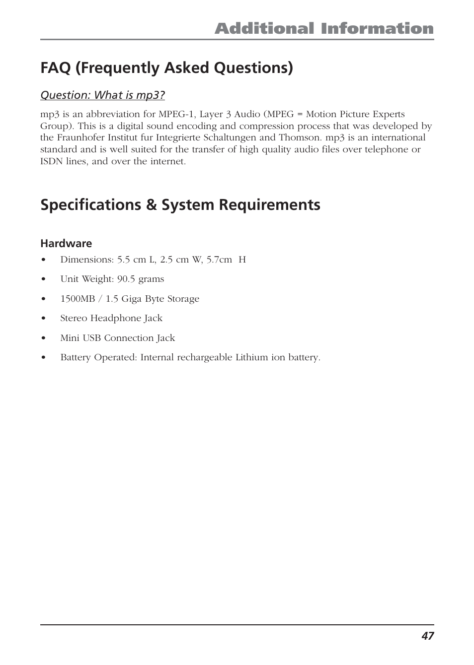 Faq (frequently asked questions), Specifications & system requirements, Hardware | Technicolor - Thomson Thomson Lyra PDP2810 User Manual | Page 47 / 50