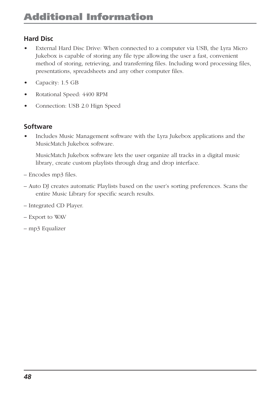 Hard disc, Software, Additional information | Technicolor - Thomson Thomson Lyra PDP2810 User Manual | Page 48 / 50