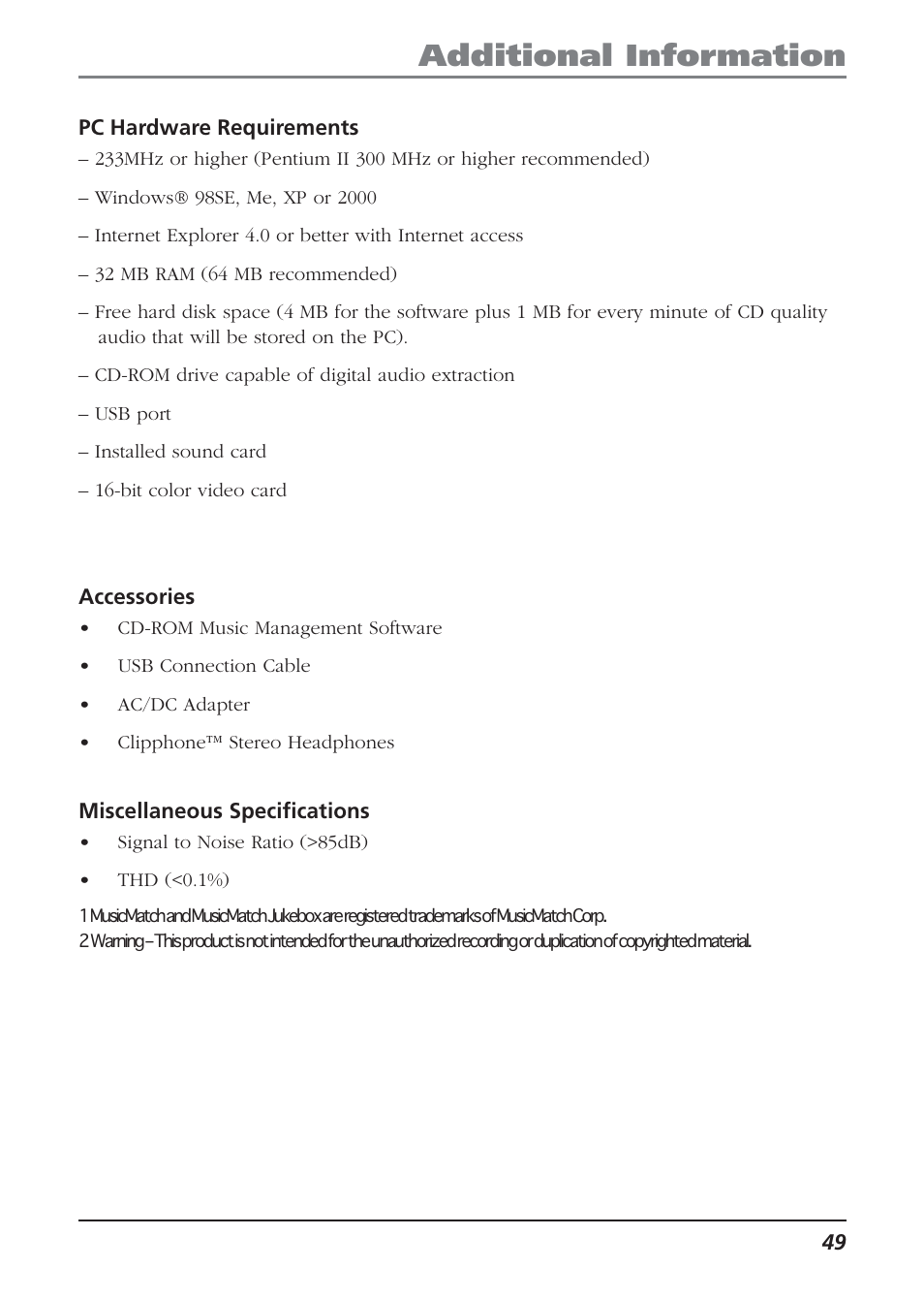 Pc hardware requirements, Accessories, Miscellaneous specifications | Additional information | Technicolor - Thomson Thomson Lyra PDP2810 User Manual | Page 49 / 50