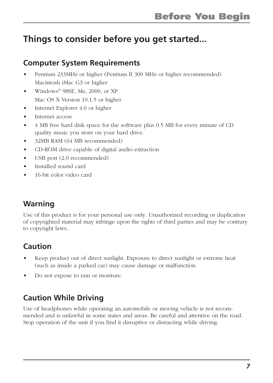 Things to consider before you get started, Computer system requirements, Warning | Caution, Caution while driving, Before you begin | Technicolor - Thomson Thomson Lyra PDP2810 User Manual | Page 7 / 50