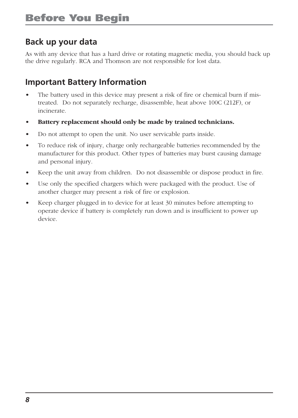 Back up your data, Important battery information, Before you begin | Technicolor - Thomson Thomson Lyra PDP2810 User Manual | Page 8 / 50