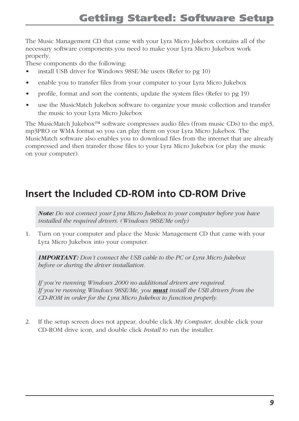 Insert the included cd-rom into cd-rom drive, Getting started: software setup | Technicolor - Thomson Thomson Lyra PDP2810 User Manual | Page 9 / 50