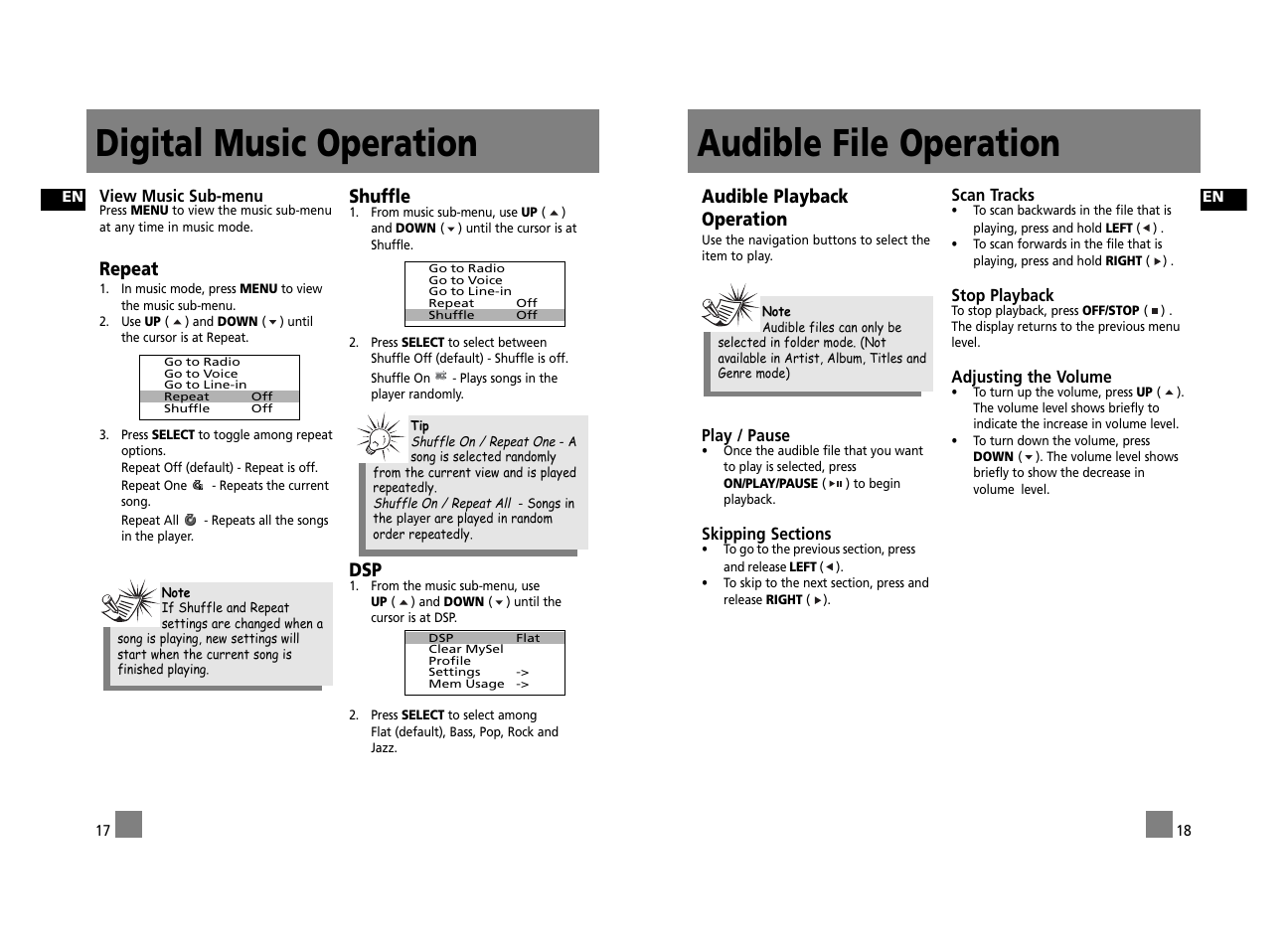 Audible file operation, Digital music operation, Audible playback operation | Repeat, Shuffle | Technicolor - Thomson Thomson Lyra PDP2762X User Manual | Page 14 / 26