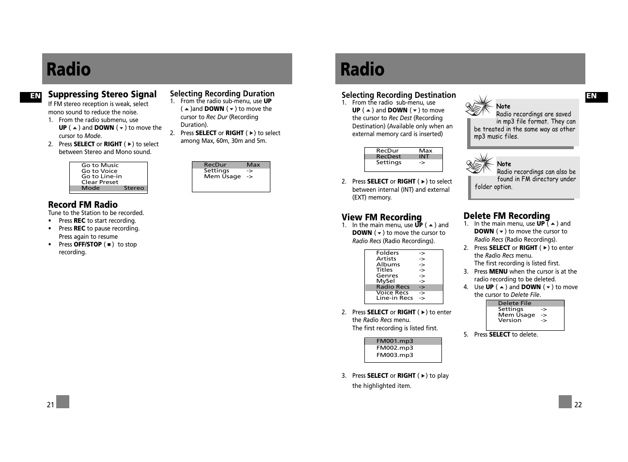 Radio, View fm recording, Delete fm recording | Suppressing stereo signal, Record fm radio | Technicolor - Thomson Thomson Lyra PDP2762X User Manual | Page 16 / 26