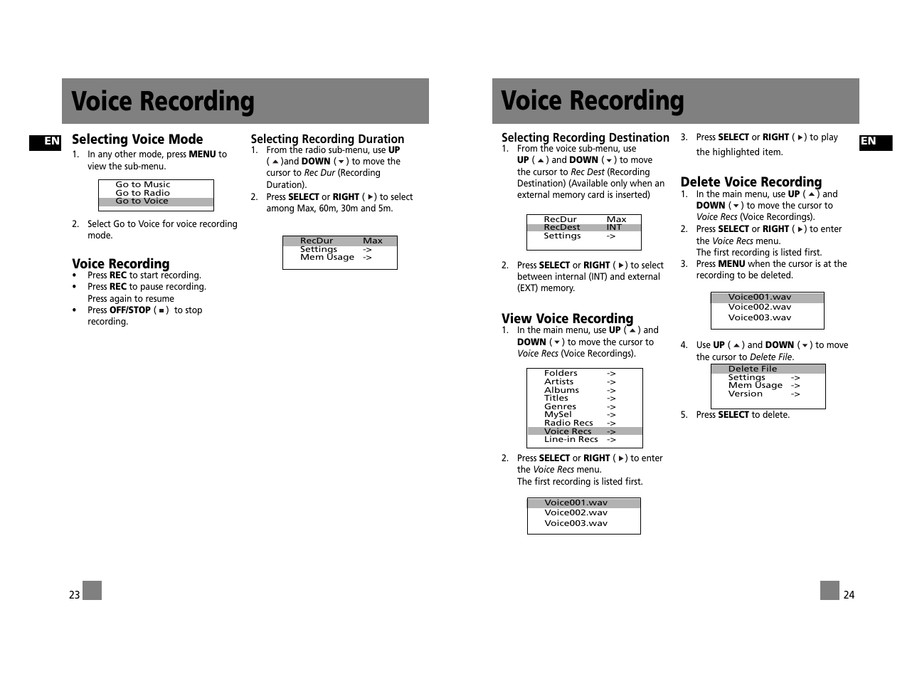 Voice recording, Selecting voice mode, View voice recording | Delete voice recording | Technicolor - Thomson Thomson Lyra PDP2762X User Manual | Page 17 / 26