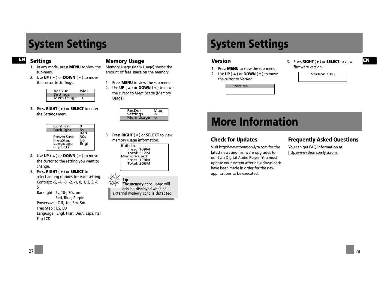 System settings more information, System settings, Version | Check for updates, Frequently asked questions, Settings | Technicolor - Thomson Thomson Lyra PDP2762X User Manual | Page 19 / 26